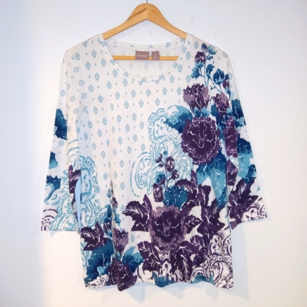 ❄️ Chicos Cotton Modal Floral Print 3/4 Slv Casual Wear Tee Top Blouse Sz 0 S M